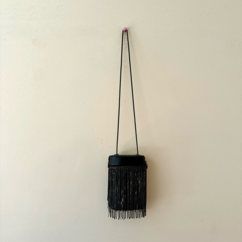 Topshop Cylinder Bucket Bag Black Fringe Tassel Fashion Rhinestone Purse